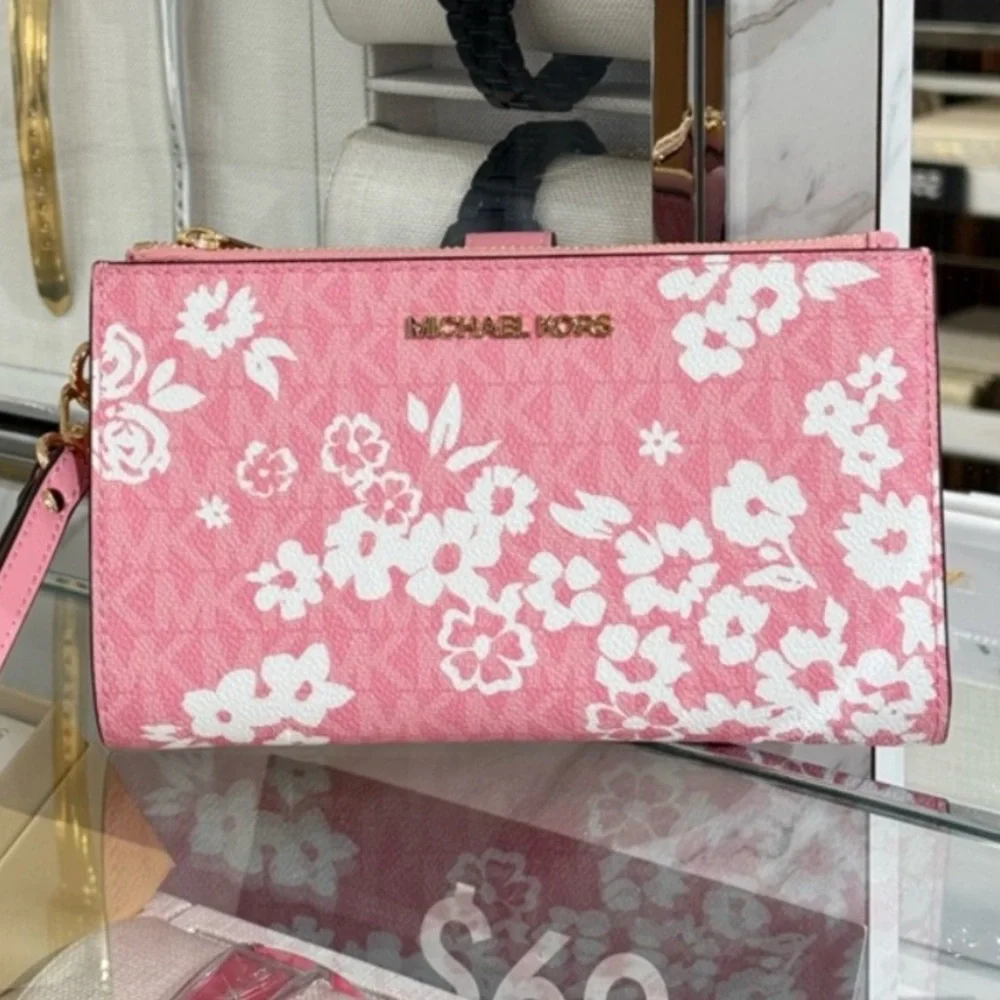 MICHAEL KORS JST Lg Double Zip Printed Sign Logo Wristlet Wallet CARNATION